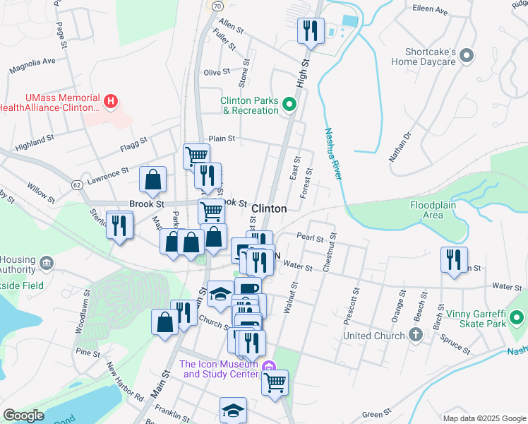 map of restaurants, bars, coffee shops, grocery stores, and more near 406 High Street in Clinton