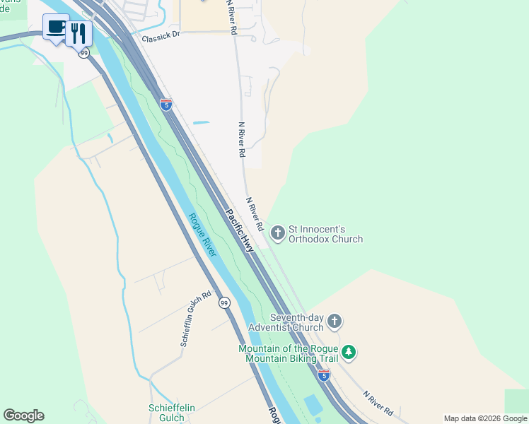 map of restaurants, bars, coffee shops, grocery stores, and more near 4860 North River Road in Gold Hill