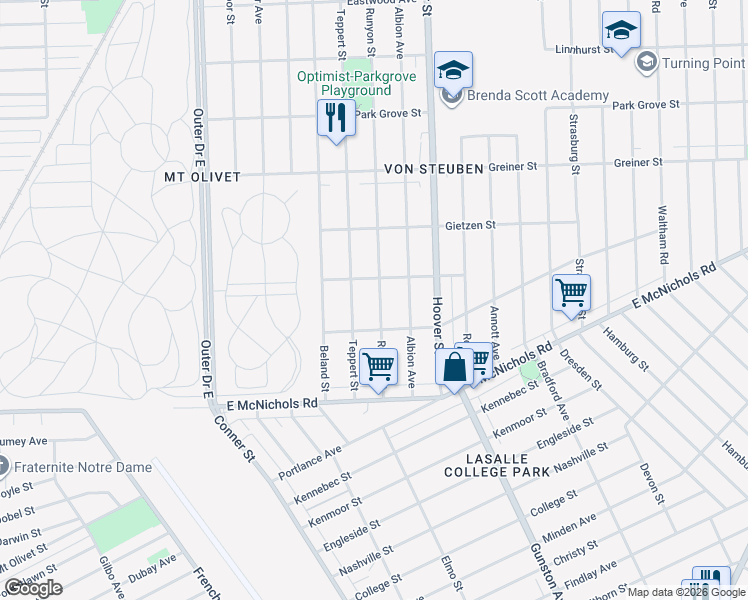 map of restaurants, bars, coffee shops, grocery stores, and more near 17361 Runyon Street in Detroit