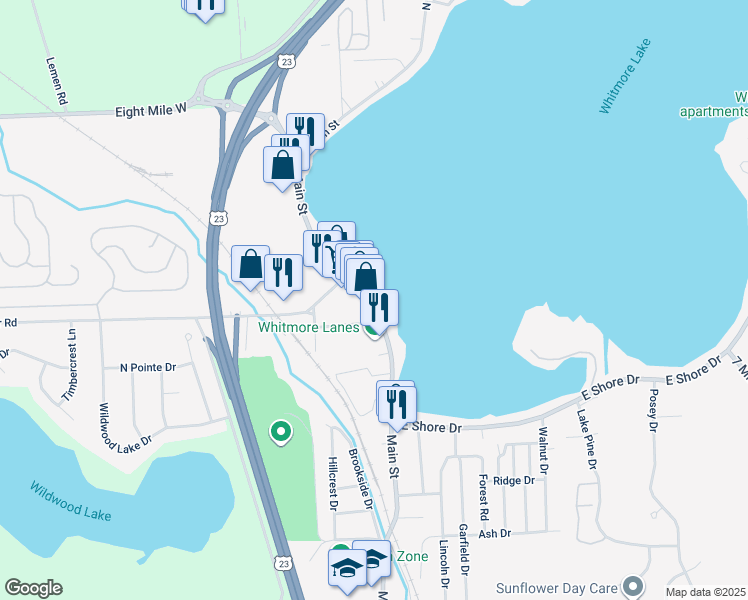 map of restaurants, bars, coffee shops, grocery stores, and more near 9540 Main Street in Whitmore Lake