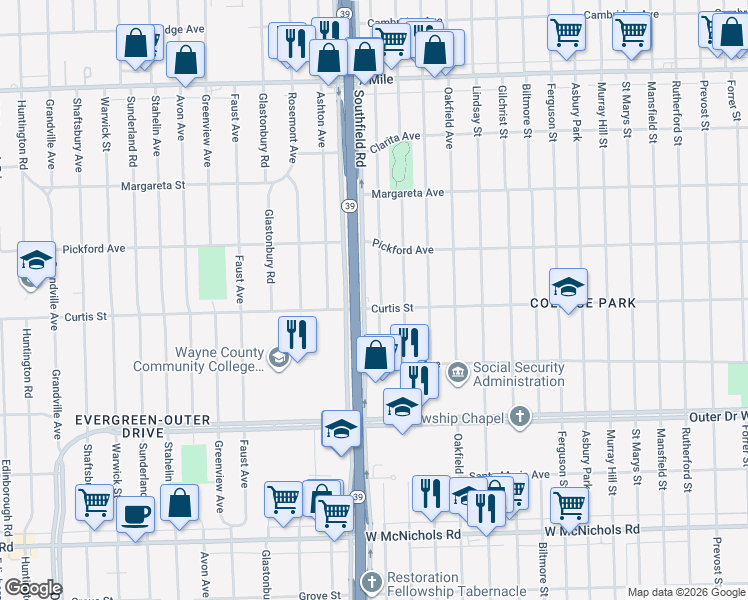 map of restaurants, bars, coffee shops, grocery stores, and more near 17800 Curtis Street in Detroit