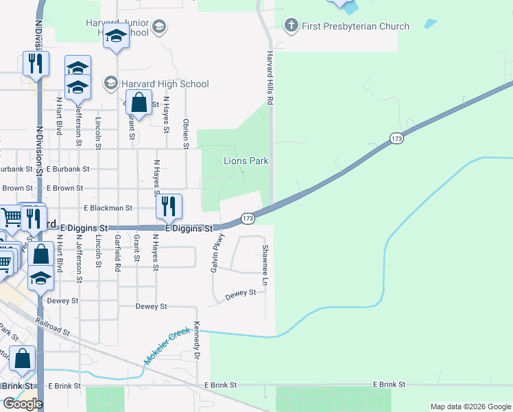 map of restaurants, bars, coffee shops, grocery stores, and more near 20616 Illinois 173 in Harvard
