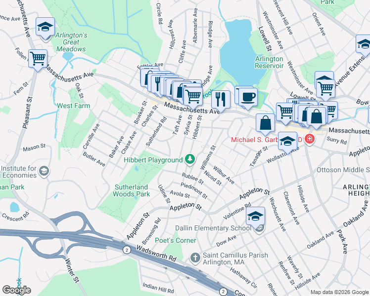 map of restaurants, bars, coffee shops, grocery stores, and more near 95 Sylvia Street in Arlington