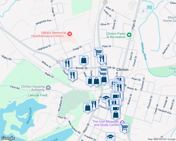 map of restaurants, bars, coffee shops, grocery stores, and more near 133 Washington Street in Clinton