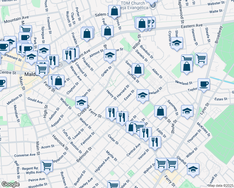 map of restaurants, bars, coffee shops, grocery stores, and more near 62 Henry Street in Malden