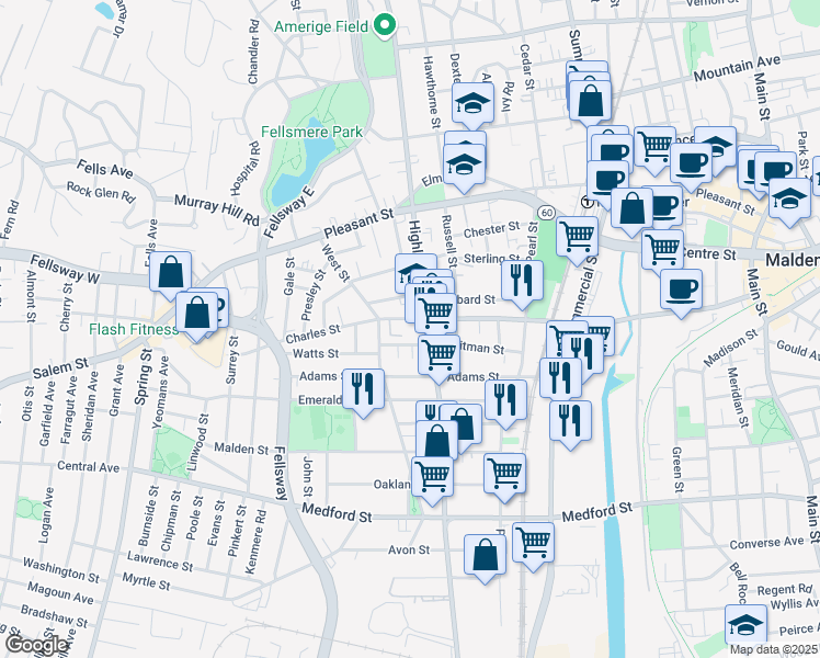 map of restaurants, bars, coffee shops, grocery stores, and more near 284 Highland Avenue in Malden