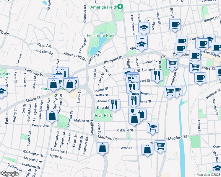 map of restaurants, bars, coffee shops, grocery stores, and more near 7 Townsend Street in Malden