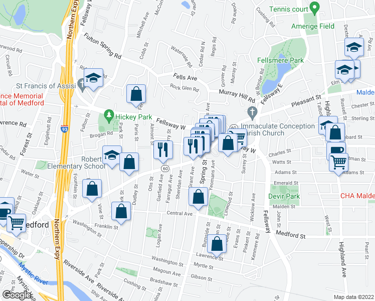 map of restaurants, bars, coffee shops, grocery stores, and more near 163 Grant Avenue in Medford