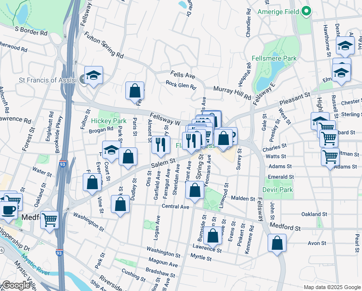 map of restaurants, bars, coffee shops, grocery stores, and more near 164 Sheridan Avenue in Medford