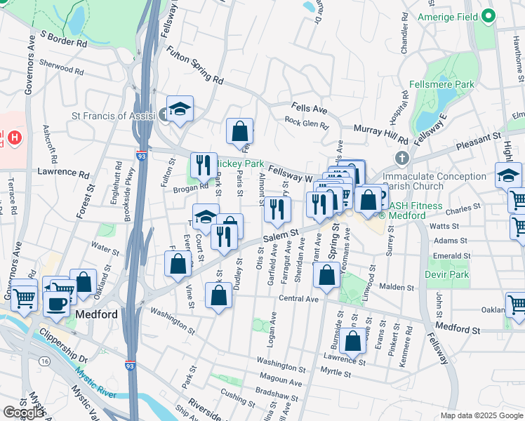 map of restaurants, bars, coffee shops, grocery stores, and more near 27 Almont Street in Medford