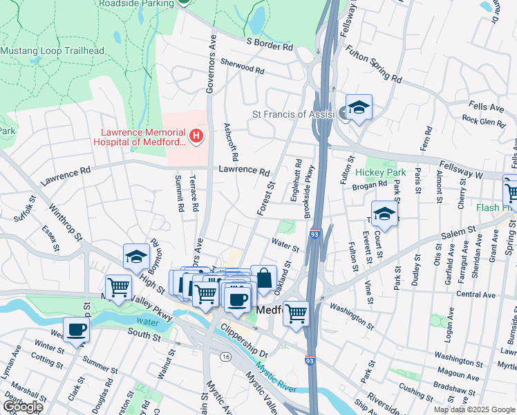 map of restaurants, bars, coffee shops, grocery stores, and more near 116 Forest Street in Medford