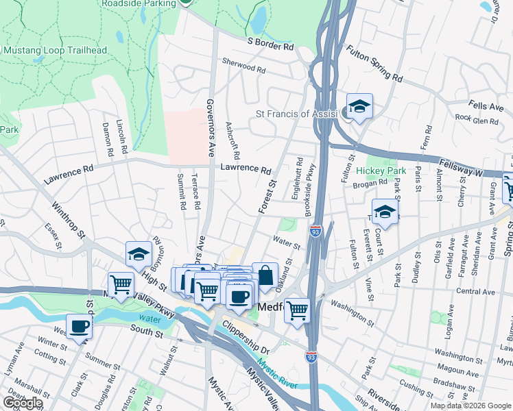 map of restaurants, bars, coffee shops, grocery stores, and more near 116 Forest Street in Medford