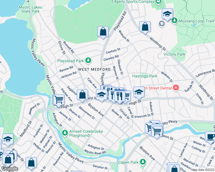 map of restaurants, bars, coffee shops, grocery stores, and more near 481 High Street in Medford
