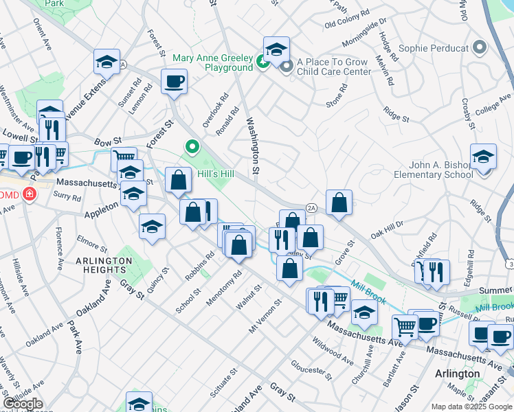 map of restaurants, bars, coffee shops, grocery stores, and more near 47 Washington Street in Arlington