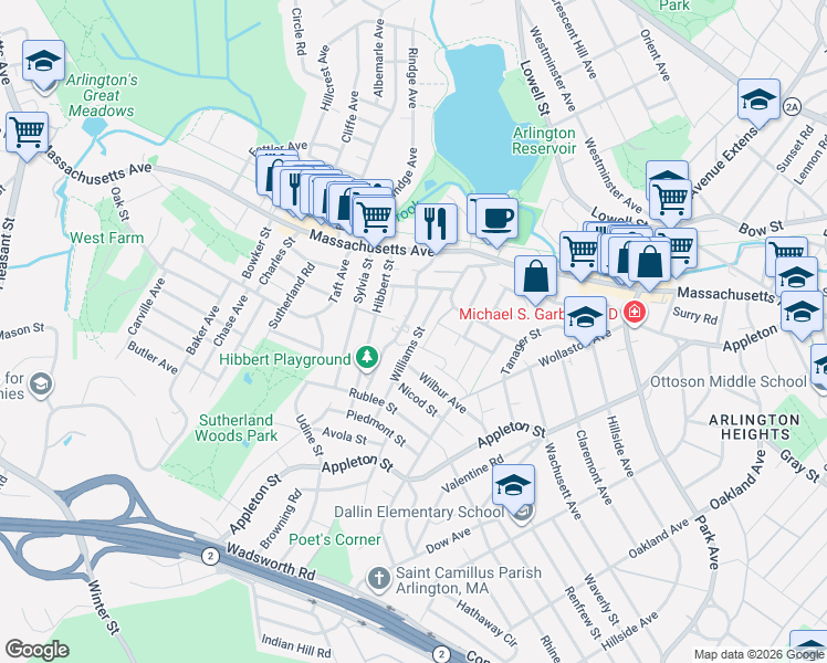 map of restaurants, bars, coffee shops, grocery stores, and more near 34 Williams Street in Arlington
