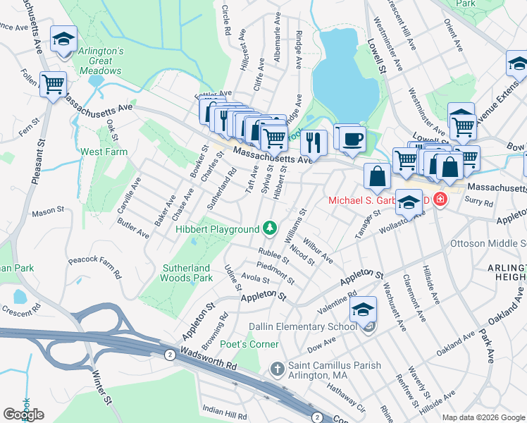 map of restaurants, bars, coffee shops, grocery stores, and more near 95 Sylvia Street in Arlington