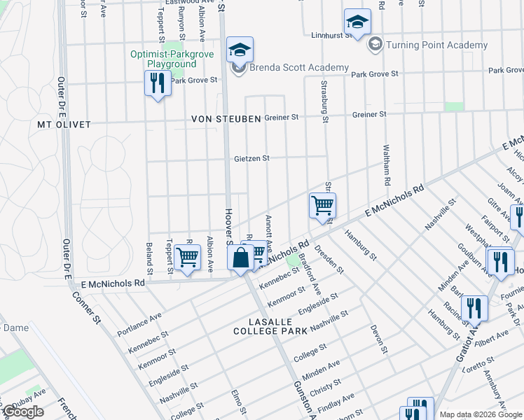 map of restaurants, bars, coffee shops, grocery stores, and more near 17300 Rowe Street in Detroit