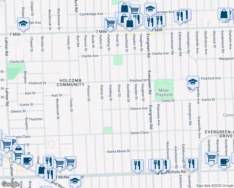 map of restaurants, bars, coffee shops, grocery stores, and more near 18198 Stout Street in Detroit