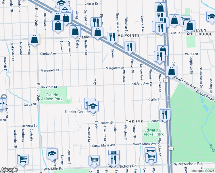 map of restaurants, bars, coffee shops, grocery stores, and more near 18305 Salem in Detroit