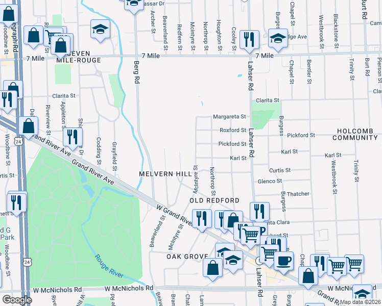 map of restaurants, bars, coffee shops, grocery stores, and more near 18319 McIntyre Street in Detroit