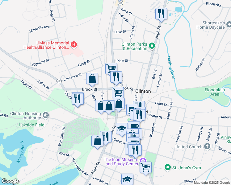 map of restaurants, bars, coffee shops, grocery stores, and more near South Main Street in Clinton