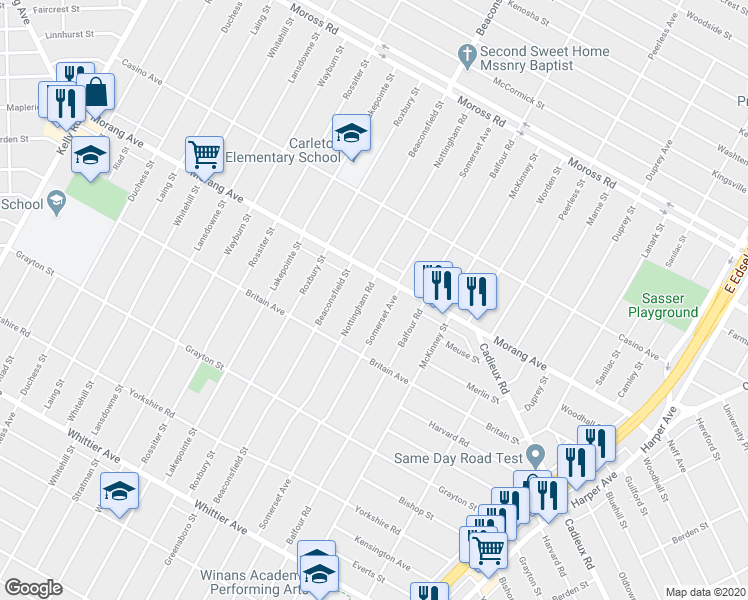 map of restaurants, bars, coffee shops, grocery stores, and more near 11120 Nottingham Road in Detroit