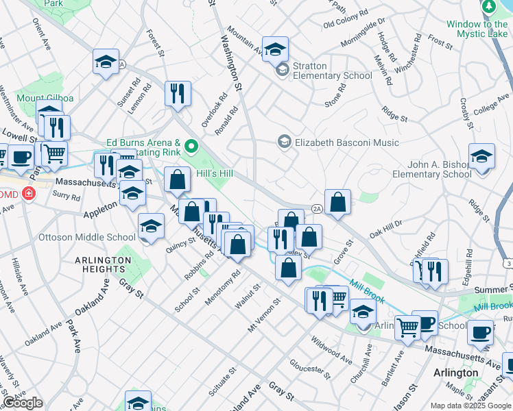 map of restaurants, bars, coffee shops, grocery stores, and more near 47 Washington Street in Arlington