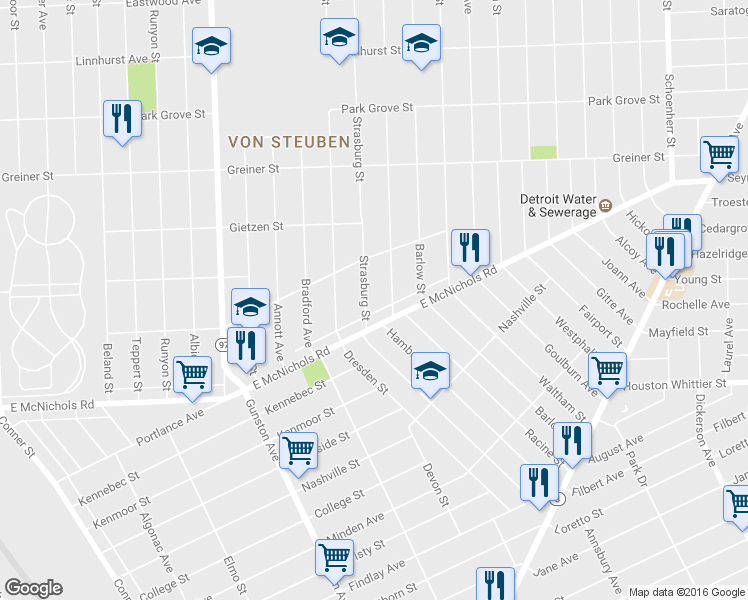 map of restaurants, bars, coffee shops, grocery stores, and more near 17160 Strasburg Street in Detroit