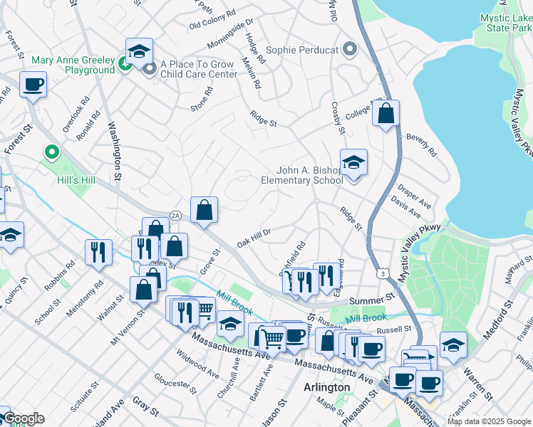 map of restaurants, bars, coffee shops, grocery stores, and more near 30 Woodside Lane in Arlington