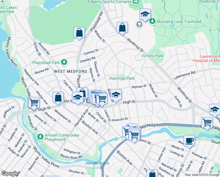 map of restaurants, bars, coffee shops, grocery stores, and more near 39 Brooks Street in Medford