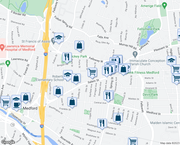 map of restaurants, bars, coffee shops, grocery stores, and more near 15 Walker Street in Medford
