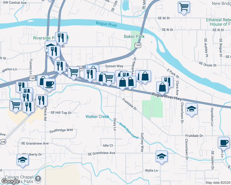 map of restaurants, bars, coffee shops, grocery stores, and more near 870 Fruitdale Drive in Grants Pass