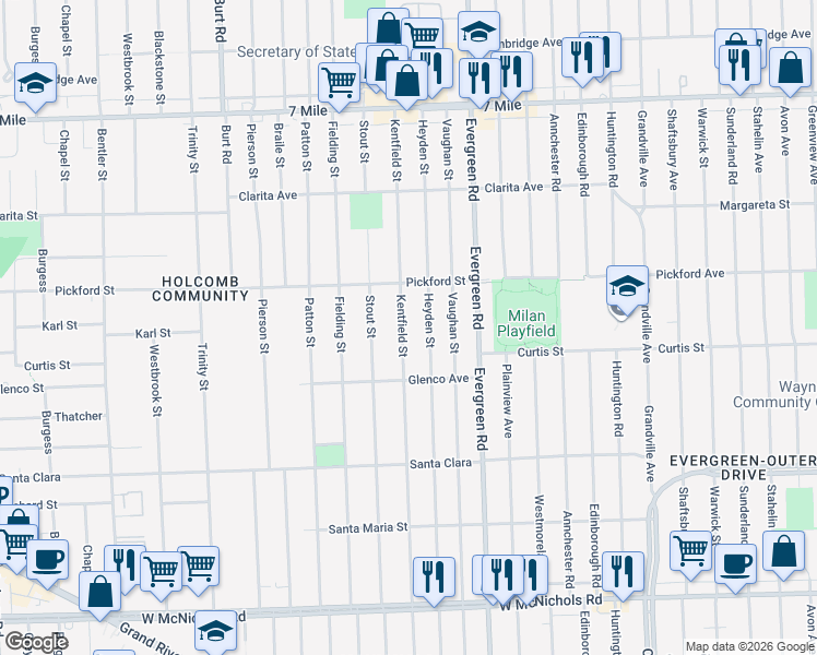 map of restaurants, bars, coffee shops, grocery stores, and more near 18204 Kentfield Street in Detroit