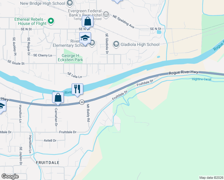 map of restaurants, bars, coffee shops, grocery stores, and more near 2200 Rogue River Highway in Grants Pass