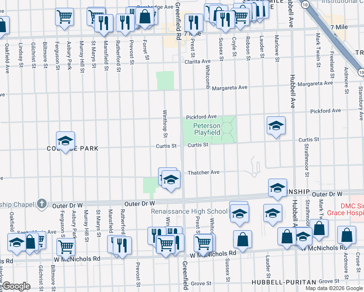 map of restaurants, bars, coffee shops, grocery stores, and more near Greenfield Rd & Curtis St in Detroit