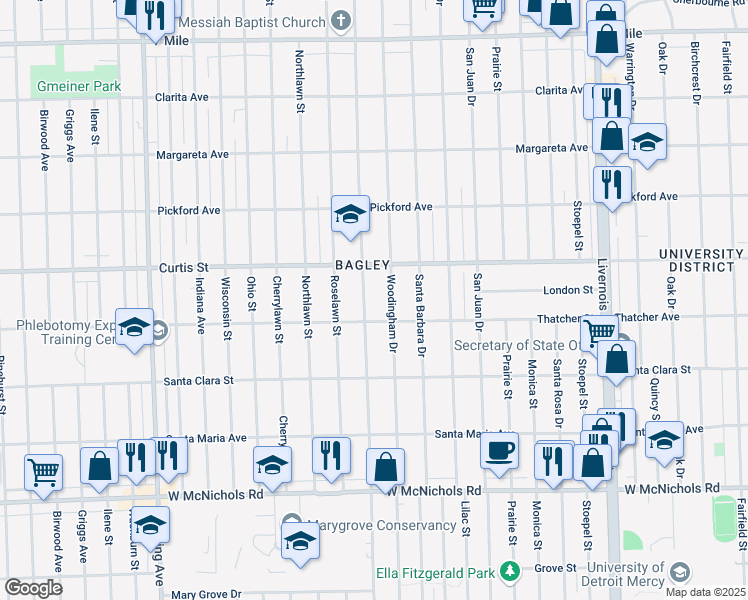 map of restaurants, bars, coffee shops, grocery stores, and more near 18034 Greenlawn Street in Detroit