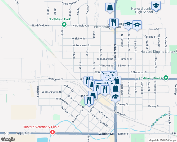 map of restaurants, bars, coffee shops, grocery stores, and more near 407 W Blackman St in Harvard