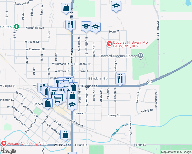 map of restaurants, bars, coffee shops, grocery stores, and more near 601 Lincoln Street in Harvard