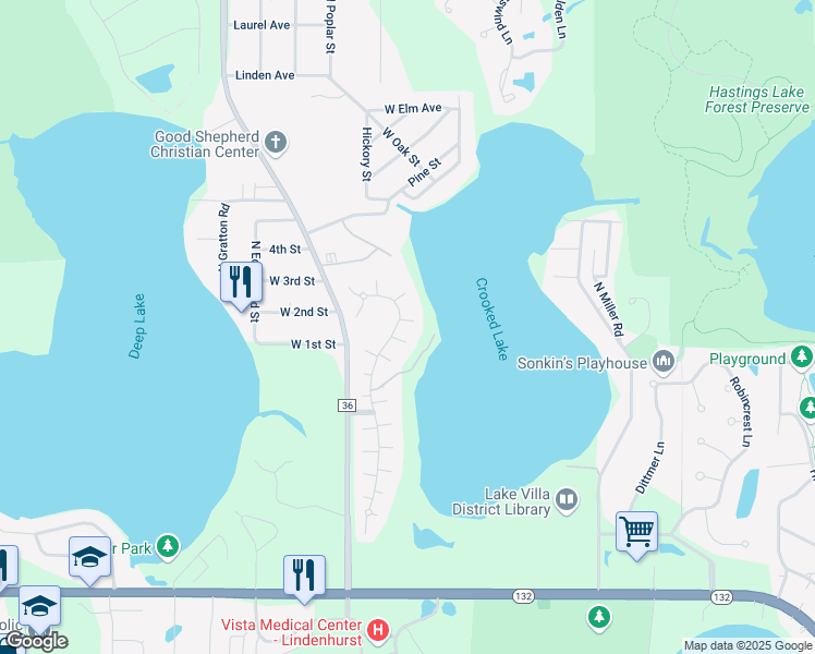 map of restaurants, bars, coffee shops, grocery stores, and more near 418 North Crooked Lake Lane in Lindenhurst