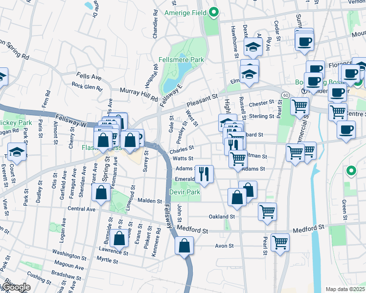 map of restaurants, bars, coffee shops, grocery stores, and more near 421 Charles Street in Malden