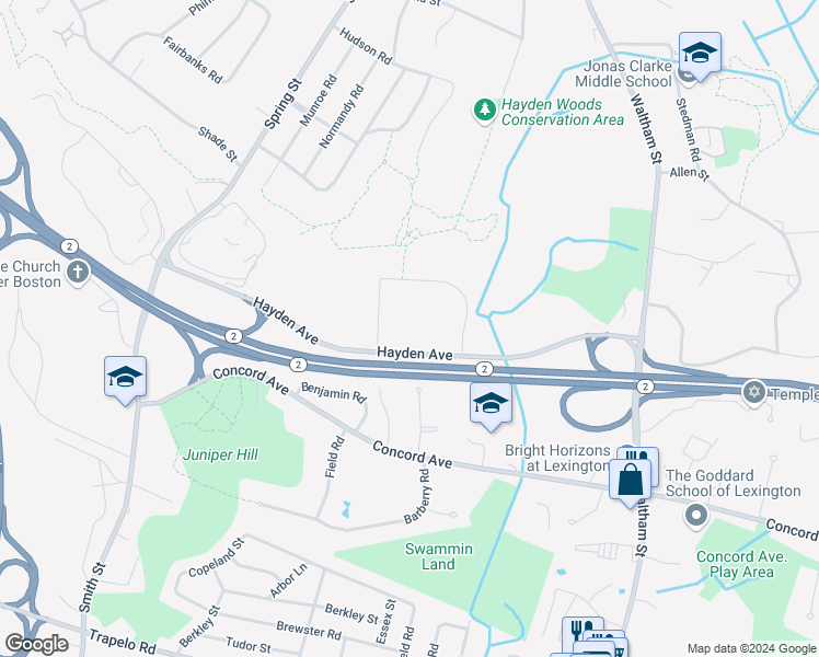map of restaurants, bars, coffee shops, grocery stores, and more near 55 Hayden Avenue in Lexington