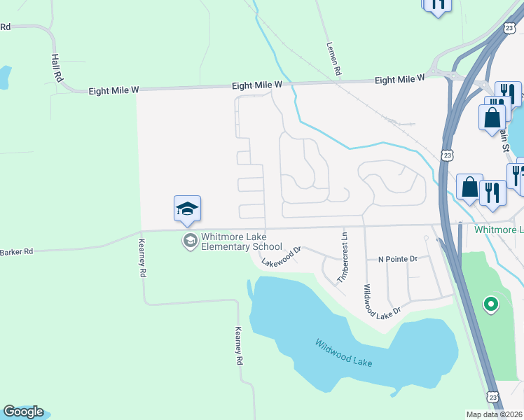 map of restaurants, bars, coffee shops, grocery stores, and more near 555 Turquoise Drive in Whitmore Lake