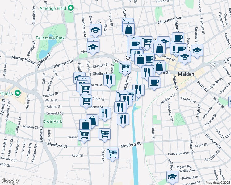 map of restaurants, bars, coffee shops, grocery stores, and more near 226 Charles Street in Malden