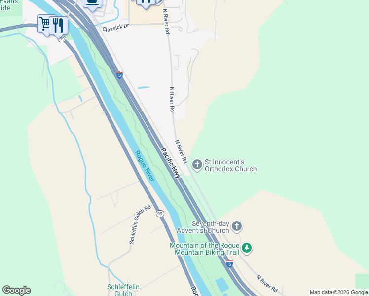 map of restaurants, bars, coffee shops, grocery stores, and more near 4778 North River Road in Gold Hill