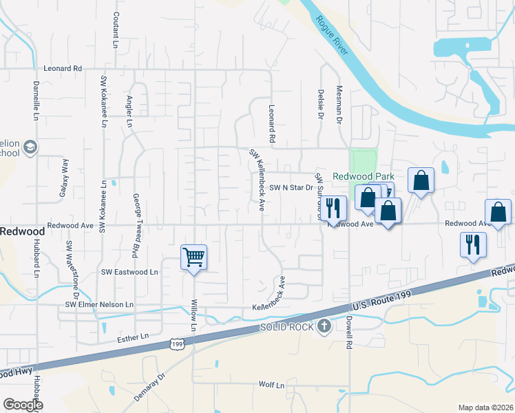 map of restaurants, bars, coffee shops, grocery stores, and more near 1459 Southwest Kellenbeck Avenue in Grants Pass