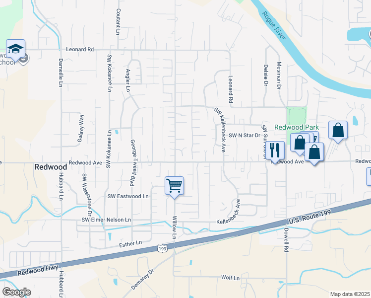 map of restaurants, bars, coffee shops, grocery stores, and more near 2301-2399 Sasha Court in Grants Pass