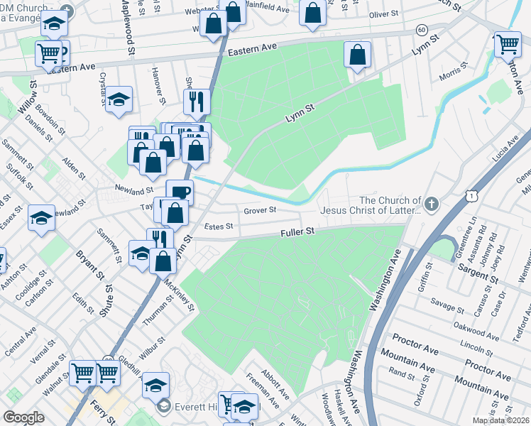 map of restaurants, bars, coffee shops, grocery stores, and more near 130 Estes Street in Everett