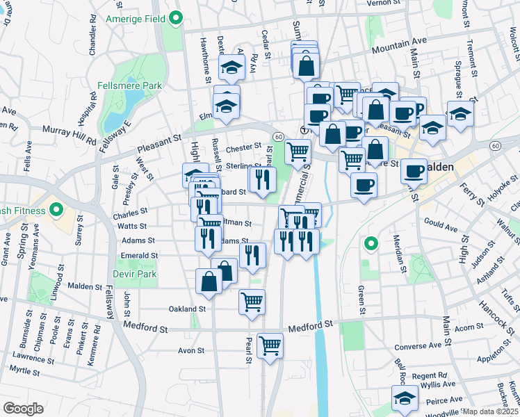 map of restaurants, bars, coffee shops, grocery stores, and more near 12 Mason Street in Malden