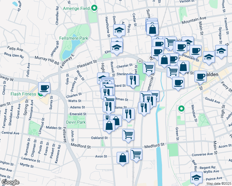 map of restaurants, bars, coffee shops, grocery stores, and more near 108-110 Russell Street in Malden