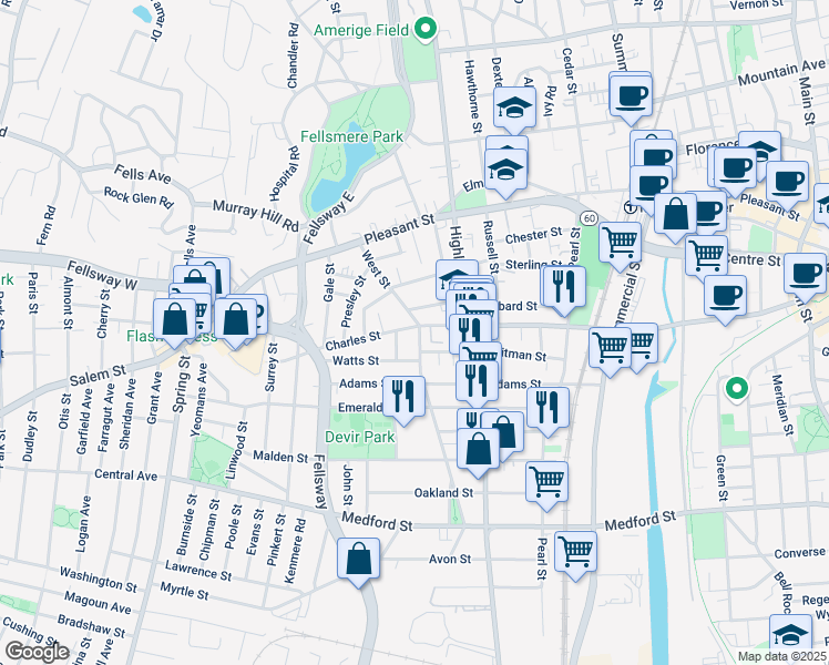 map of restaurants, bars, coffee shops, grocery stores, and more near 360 Charles Street in Malden